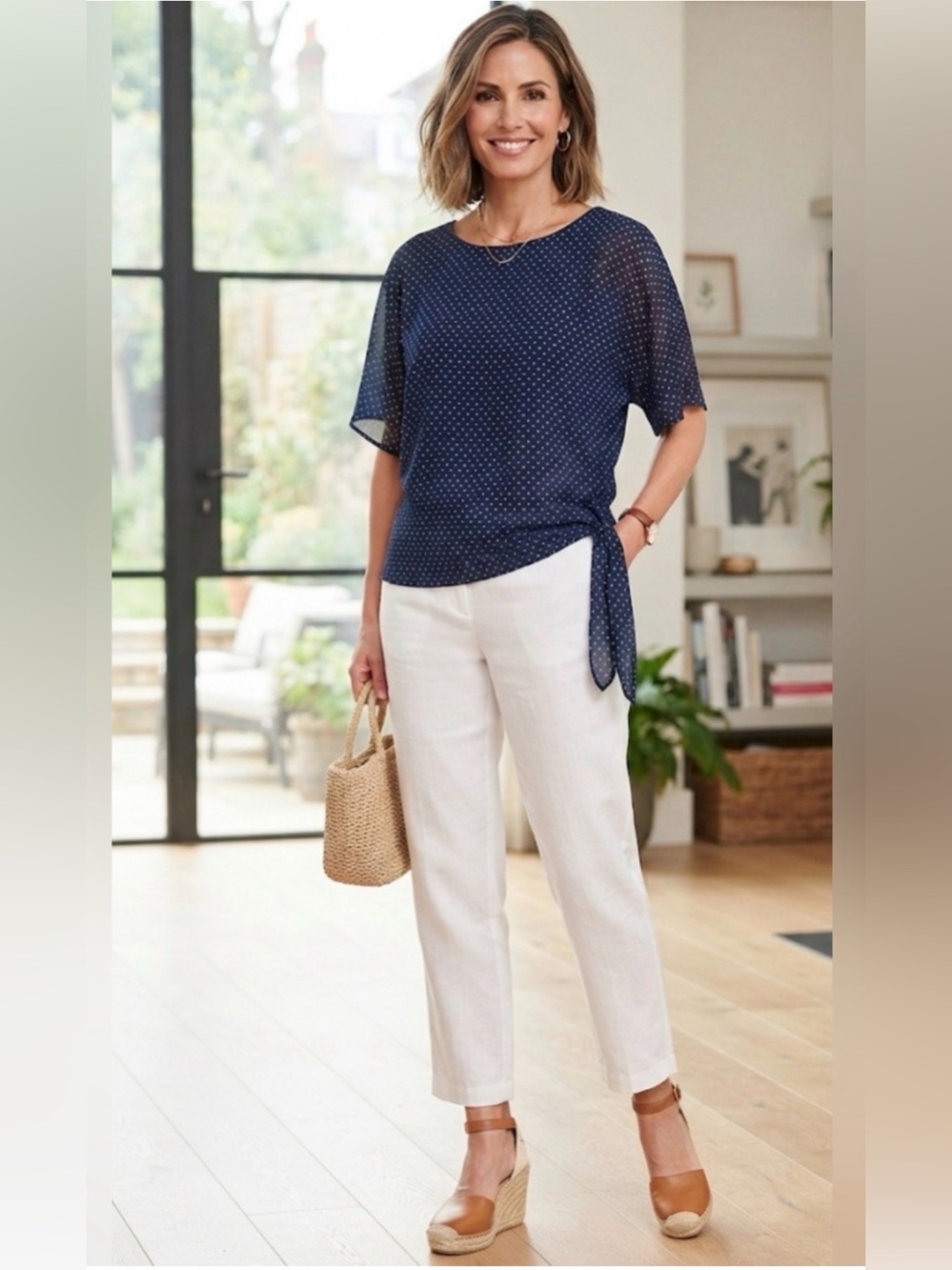 Michael Kors Navy Polka Dot Side-Tie Top
